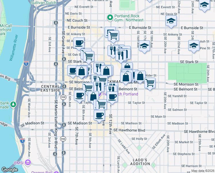 map of restaurants, bars, coffee shops, grocery stores, and more near 1130 Southeast Morrison Street in Portland