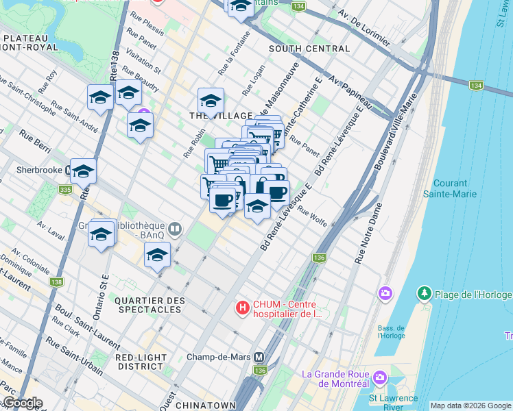 map of restaurants, bars, coffee shops, grocery stores, and more near 1265 Rue Saint-Timothée in Montréal