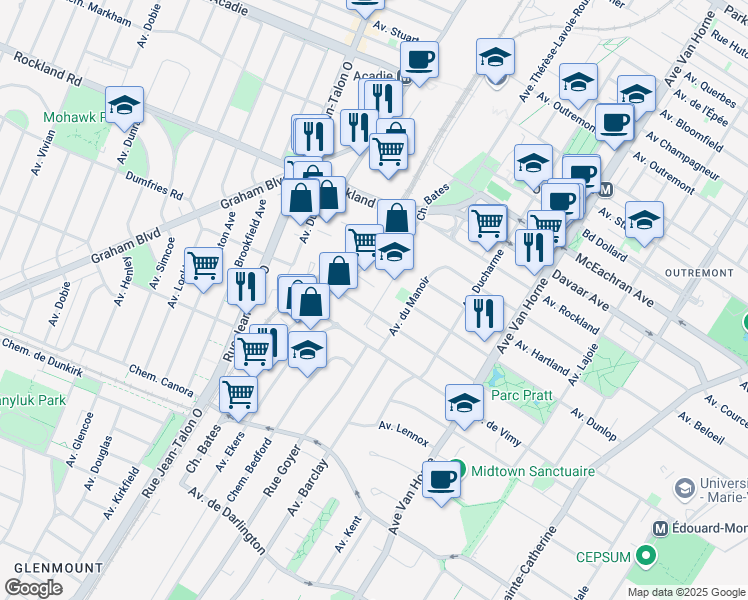 map of restaurants, bars, coffee shops, grocery stores, and more near 1819 Avenue Glendale in Montrã©Al