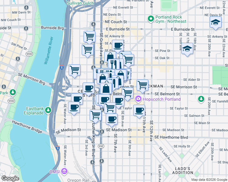 map of restaurants, bars, coffee shops, grocery stores, and more near 734 Southeast 6th Avenue in Portland