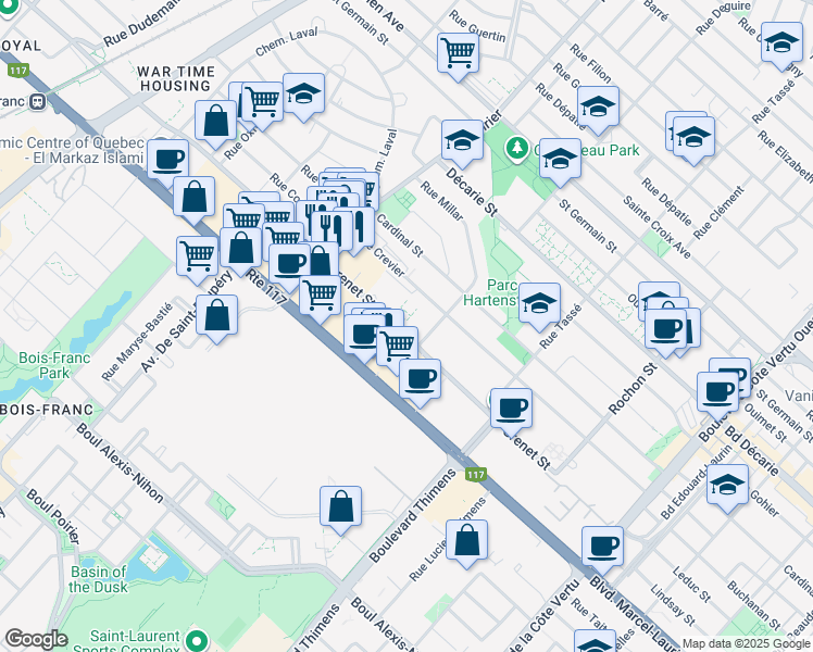 map of restaurants, bars, coffee shops, grocery stores, and more near 1615 Rue Grenet in Montréal