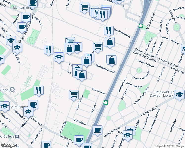 map of restaurants, bars, coffee shops, grocery stores, and more near Place Benoit in Montréal