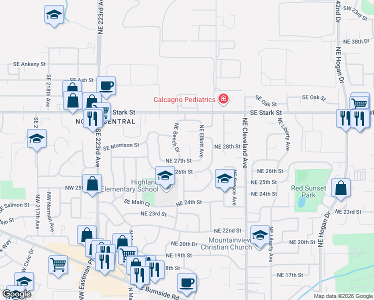 map of restaurants, bars, coffee shops, grocery stores, and more near 2860 Northeast Kelly Place in Gresham