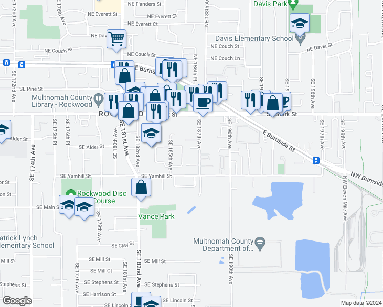 map of restaurants, bars, coffee shops, grocery stores, and more near 18450 Southeast Stark Street in Portland