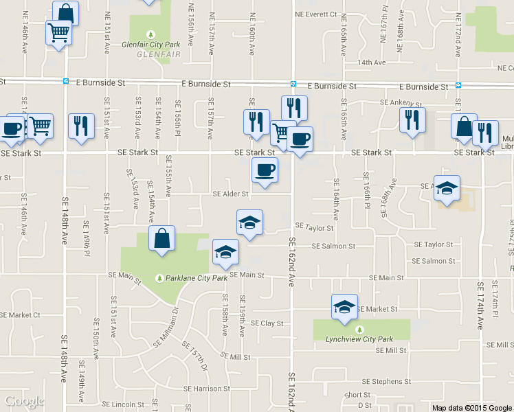 map of restaurants, bars, coffee shops, grocery stores, and more near 15905 Southeast Alder Street in Portland