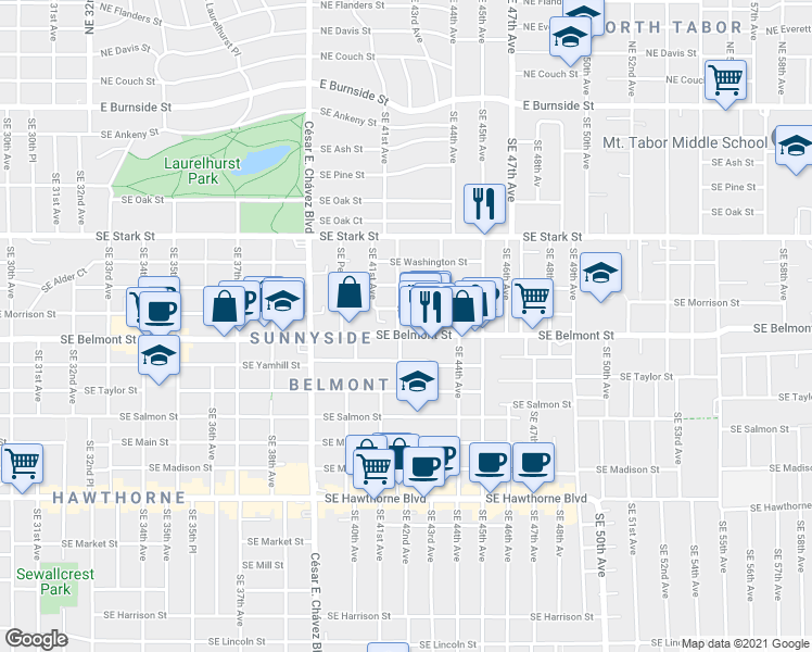 map of restaurants, bars, coffee shops, grocery stores, and more near 4225 Southeast Morrison Street in Portland