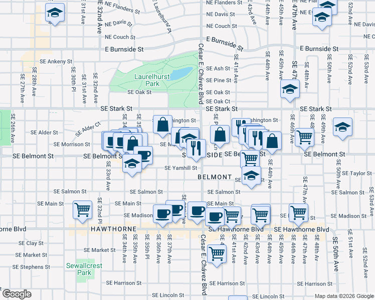 map of restaurants, bars, coffee shops, grocery stores, and more near 3845 Southeast Morrison Street in Portland