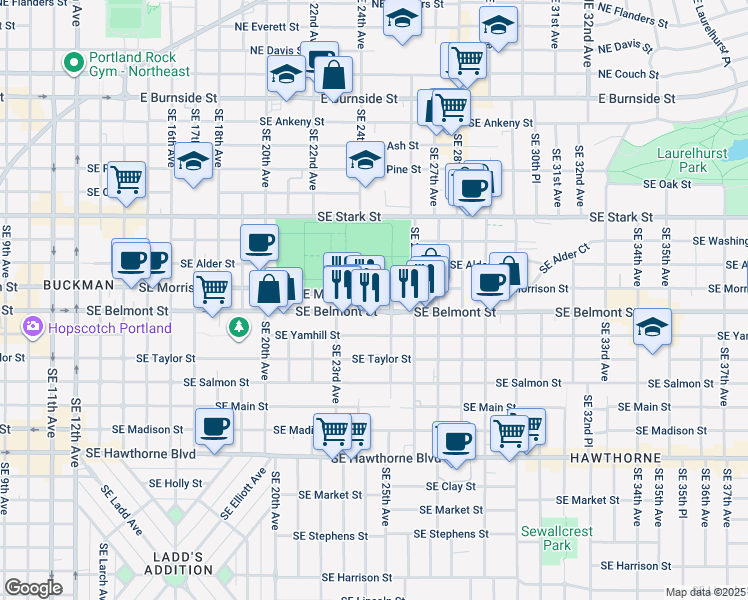 map of restaurants, bars, coffee shops, grocery stores, and more near 2201 Southeast Morrison Street in Portland