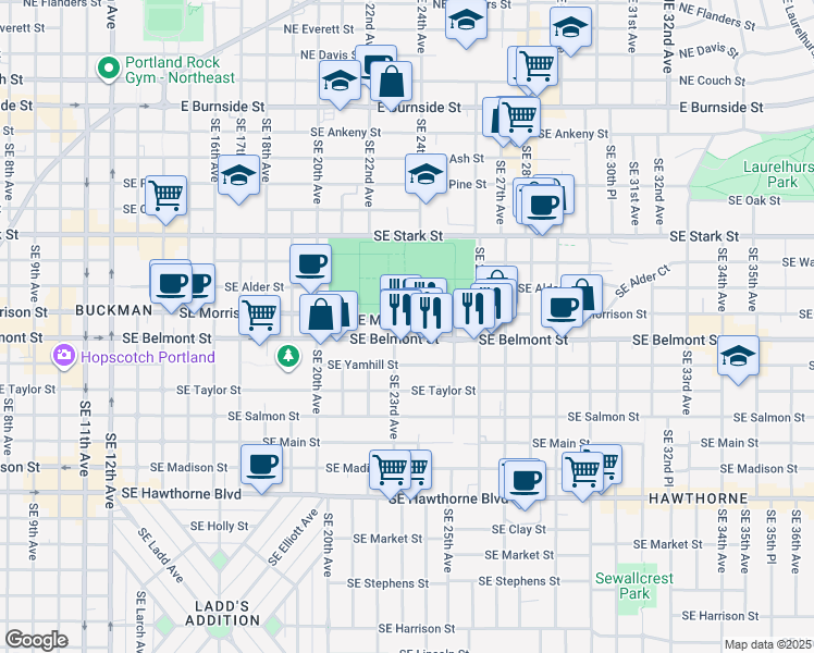 map of restaurants, bars, coffee shops, grocery stores, and more near 2201 Southeast Morrison Street in Portland