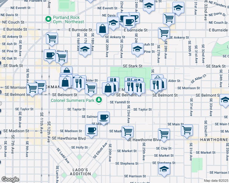map of restaurants, bars, coffee shops, grocery stores, and more near 726 Southeast 20th Avenue in Portland