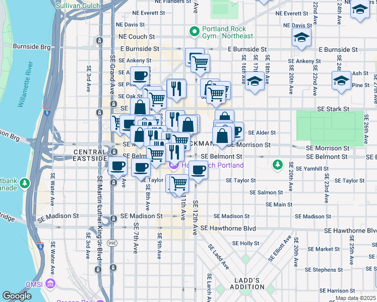 map of restaurants, bars, coffee shops, grocery stores, and more near 1025 Southeast Morrison Street in Portland