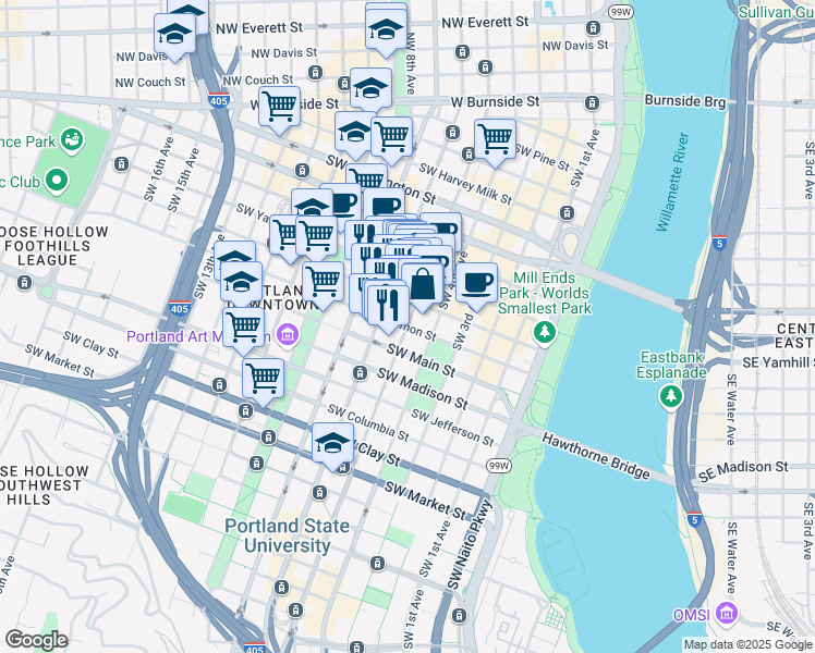 map of restaurants, bars, coffee shops, grocery stores, and more near 1001 Southwest 5th Avenue in Portland
