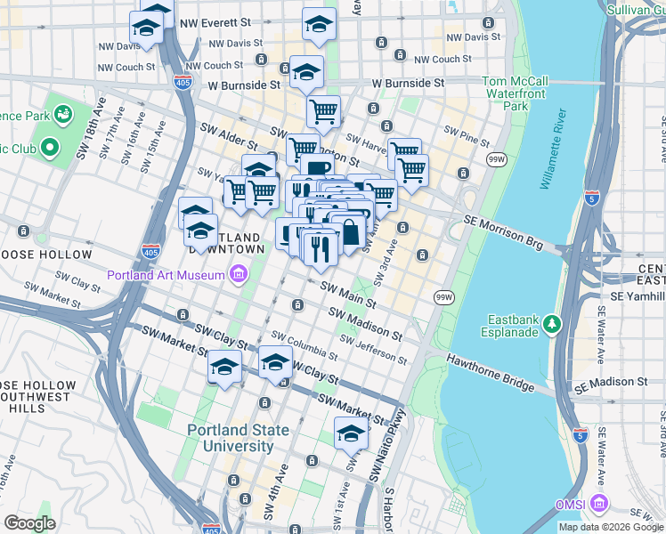 map of restaurants, bars, coffee shops, grocery stores, and more near in Portland