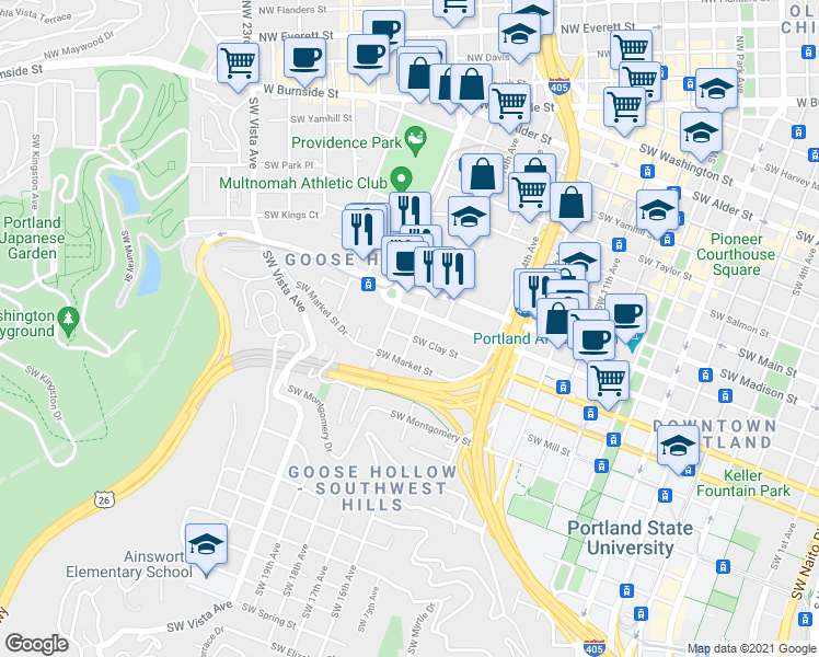 map of restaurants, bars, coffee shops, grocery stores, and more near in Portland