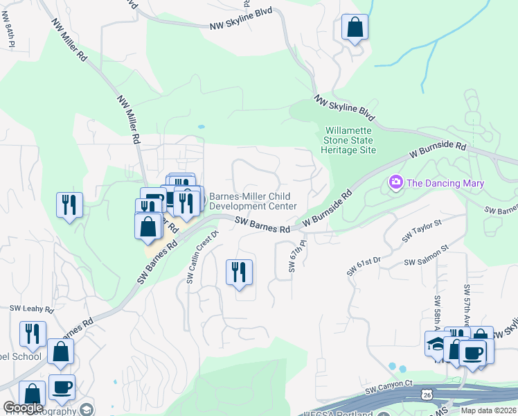 map of restaurants, bars, coffee shops, grocery stores, and more near 208 Southwest Santana Place in Portland