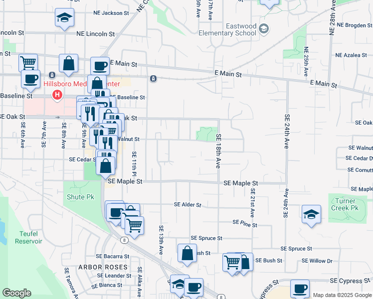 map of restaurants, bars, coffee shops, grocery stores, and more near 1525 Southeast Walnut Street in Hillsboro
