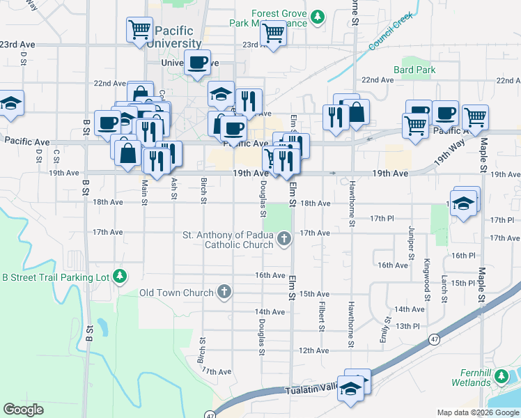 map of restaurants, bars, coffee shops, grocery stores, and more near 1814 Douglas Street in Forest Grove