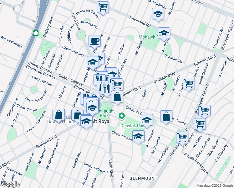map of restaurants, bars, coffee shops, grocery stores, and more near 1455 Boulevard Graham in Mont-Royal