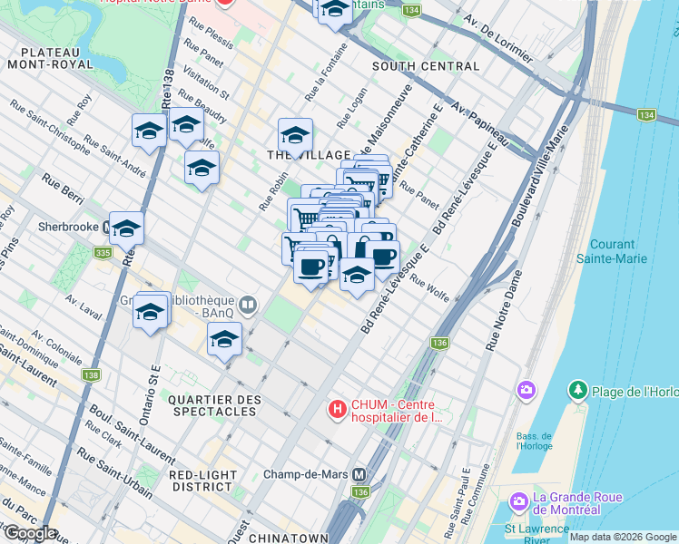 map of restaurants, bars, coffee shops, grocery stores, and more near 936 Rue Sainte-Catherine Est in Montréal