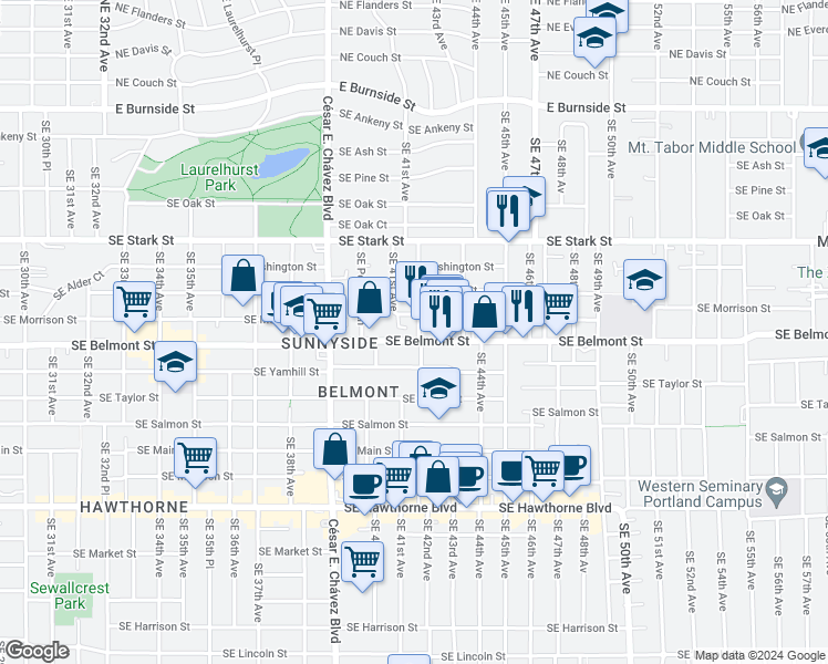 map of restaurants, bars, coffee shops, grocery stores, and more near 825 Southeast 42nd Avenue in Portland