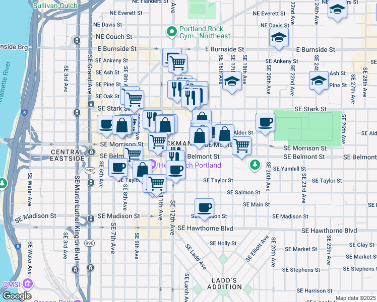 map of restaurants, bars, coffee shops, grocery stores, and more near 1301 Southeast Morrison Street in Portland