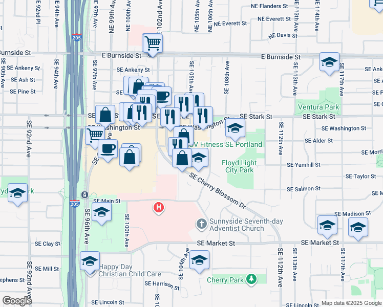 map of restaurants, bars, coffee shops, grocery stores, and more near 10530 Southeast Washington Street in Portland