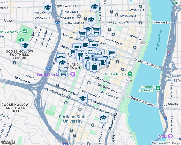 map of restaurants, bars, coffee shops, grocery stores, and more near 961 Southwest Broadway in Portland