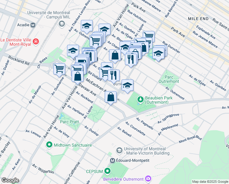 map of restaurants, bars, coffee shops, grocery stores, and more near 1525 Avenue Bernard in Montréal