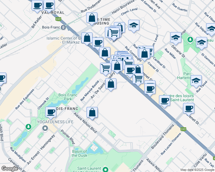 map of restaurants, bars, coffee shops, grocery stores, and more near 2143 Rue John McCurdy in Montréal