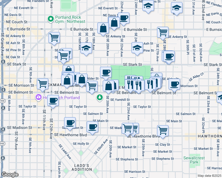 map of restaurants, bars, coffee shops, grocery stores, and more near 726 Southeast 20th Avenue in Portland