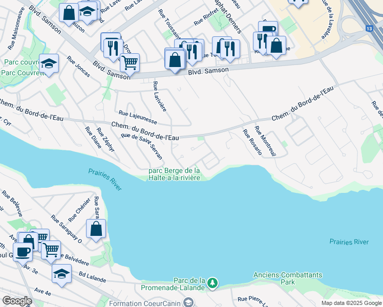 map of restaurants, bars, coffee shops, grocery stores, and more near 384 Rue Mercure in Laval