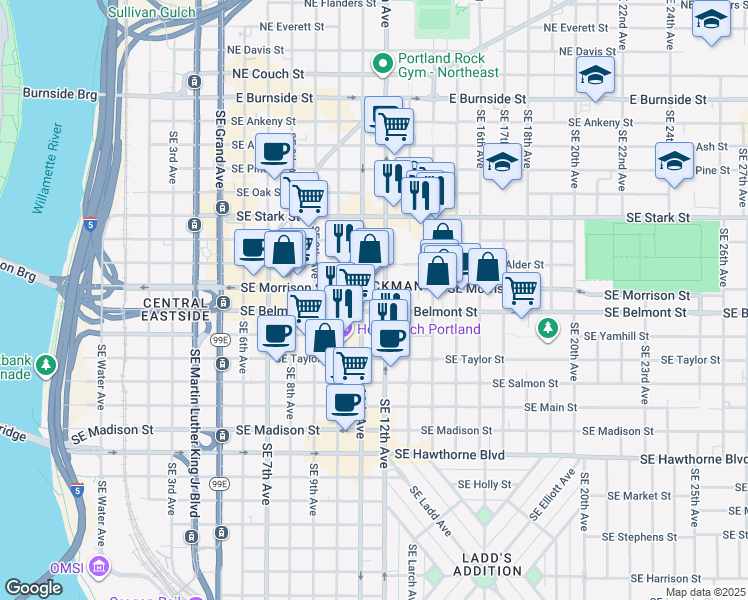 map of restaurants, bars, coffee shops, grocery stores, and more near 1130 Southeast Morrison Street in Portland