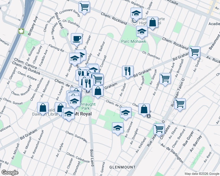 map of restaurants, bars, coffee shops, grocery stores, and more near 1320 Graham Blvd in Mount Royal