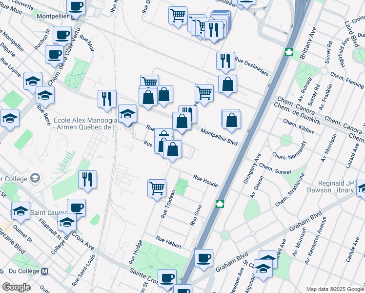 map of restaurants, bars, coffee shops, grocery stores, and more near 770 Rue Hodge in Montréal