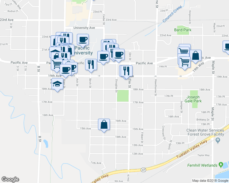 map of restaurants, bars, coffee shops, grocery stores, and more near 2338 18th Avenue in Forest Grove