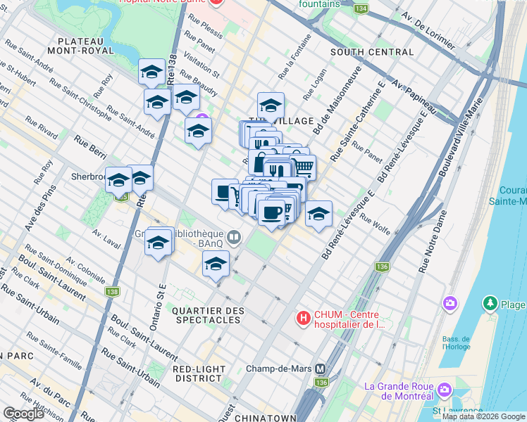 map of restaurants, bars, coffee shops, grocery stores, and more near 873 Boulevard de Maisonneuve Est in Montréal