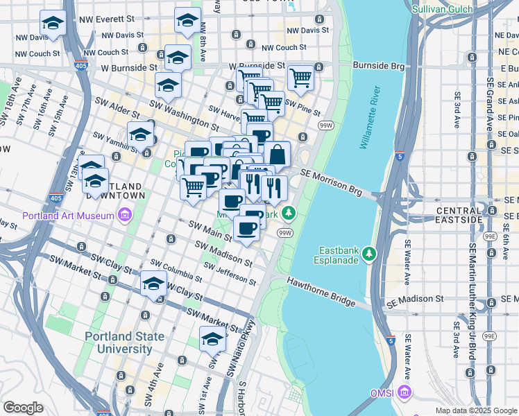 map of restaurants, bars, coffee shops, grocery stores, and more near in Portland