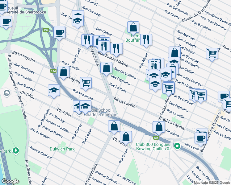 map of restaurants, bars, coffee shops, grocery stores, and more near 1261 Rue Franquelin in Longueuil