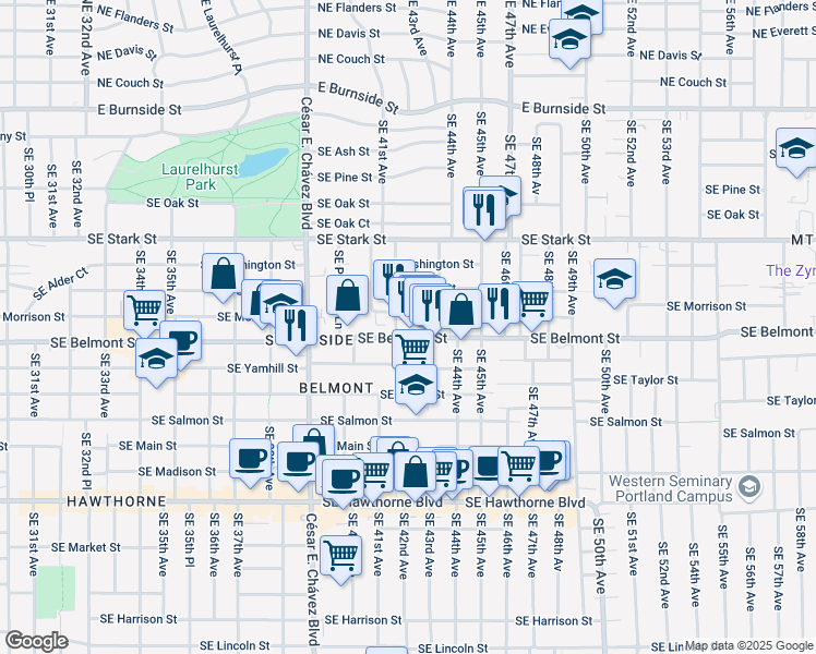 map of restaurants, bars, coffee shops, grocery stores, and more near 4225 Southeast Morrison Street in Portland