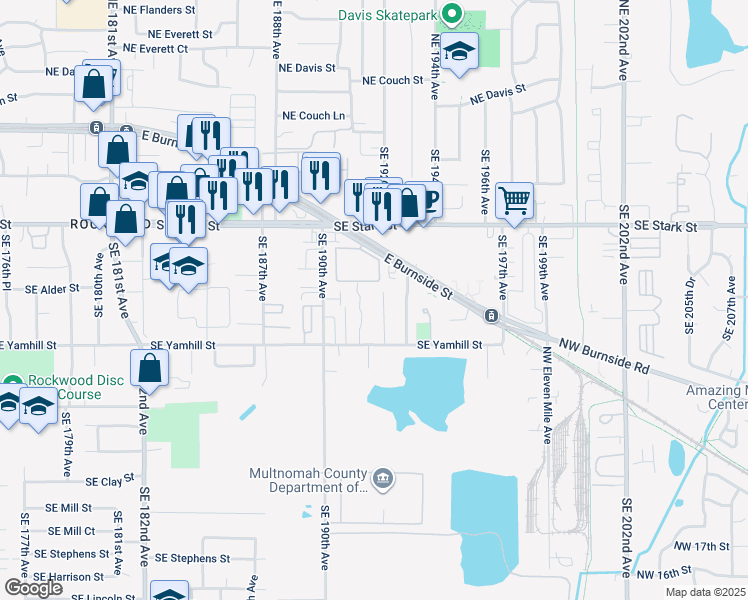 map of restaurants, bars, coffee shops, grocery stores, and more near 19159 Southeast Yamhill Street in Portland