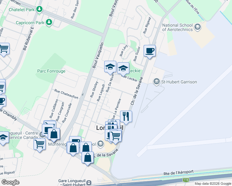 map of restaurants, bars, coffee shops, grocery stores, and more near 4882 Rue La Perrière in Longueuil