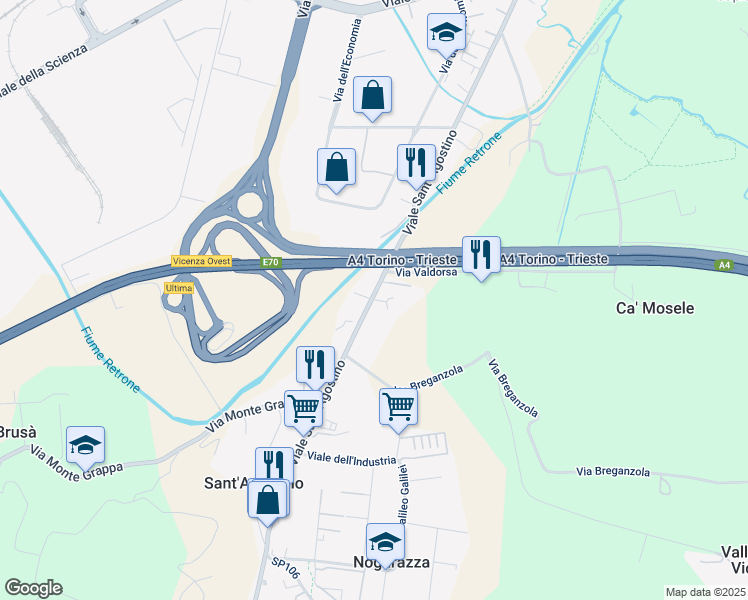map of restaurants, bars, coffee shops, grocery stores, and more near 504 Viale Sant' Agostino in Vicenza