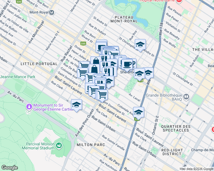 map of restaurants, bars, coffee shops, grocery stores, and more near Avenue des Pins Est in Montréal