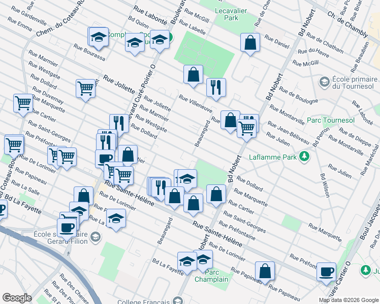 map of restaurants, bars, coffee shops, grocery stores, and more near 901 Rue Beauregard in Longueuil