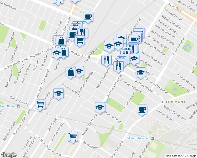 map of restaurants, bars, coffee shops, grocery stores, and more near 913 Avenue Hartland in Montréal