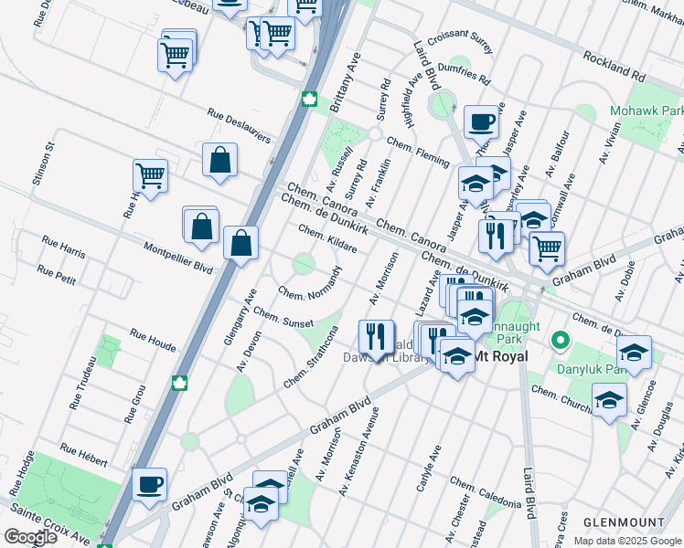 map of restaurants, bars, coffee shops, grocery stores, and more near 60 Chemin Normandy in Mont-Royal
