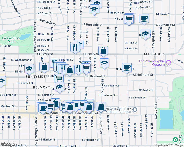 map of restaurants, bars, coffee shops, grocery stores, and more near 715 Southeast 49th Avenue in Portland