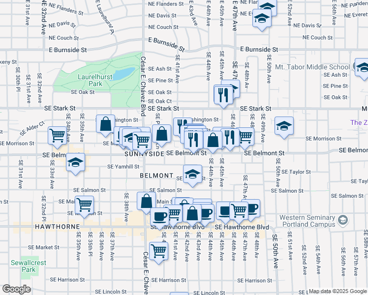 map of restaurants, bars, coffee shops, grocery stores, and more near 4225 Southeast Morrison Street in Portland