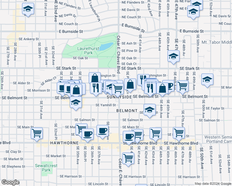 map of restaurants, bars, coffee shops, grocery stores, and more near 3845 Southeast Morrison Street in Portland