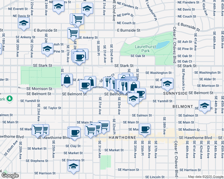 map of restaurants, bars, coffee shops, grocery stores, and more near 721 Southeast 32nd Avenue in Portland